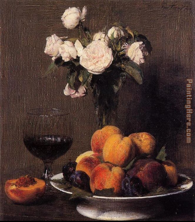 Henri Fantin-Latour Still Life with Roses Fruit and a Glass of Wine